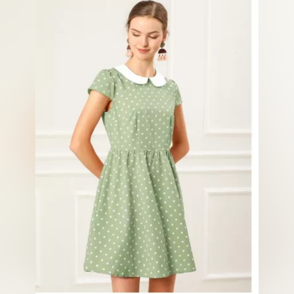 Allegra K Sage Green Polka Dot Peter Pan Collar Midi Dress